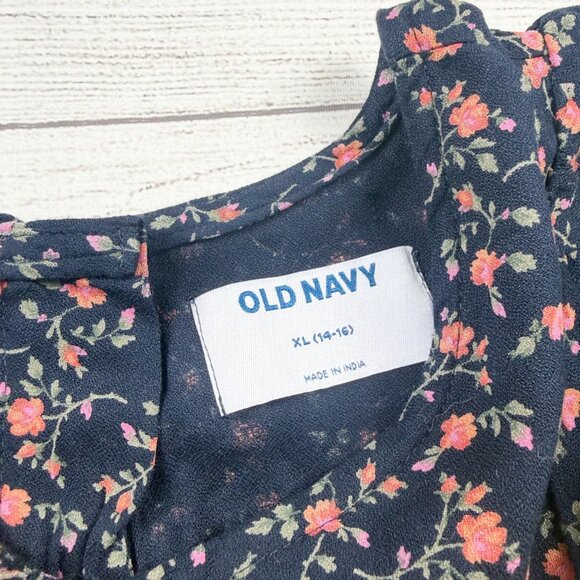 Old Navy Girls Floral Dress Navy Blue Puff Sleeve Midi Dress NWT XL 14-16 - Picture 2 of 4